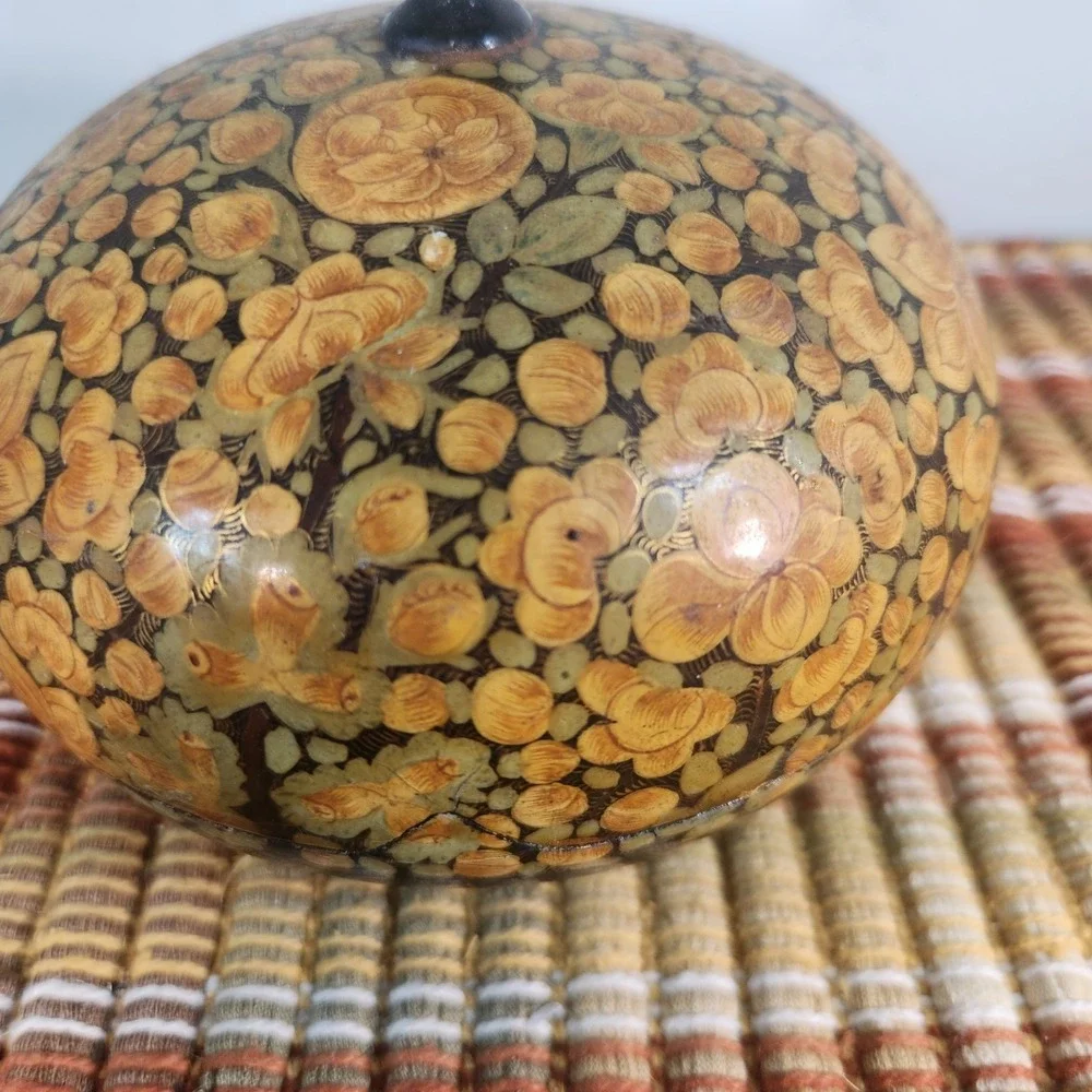 Vintage Hand Painted Floral Lidded Wooden Trinket Box Bowl Black Gold Tole Folk